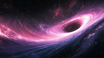 Abstract glowing waves twist and flow across a cosmic black hole surrounded by vibrant stardust. The dynamic gradients create a sense of motion and energy in the infinite void. A bold galactic 