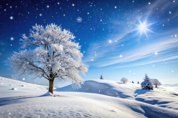 Serene Snowy Landscape with Falling Flakes and Clear Blue Sky - Perfect Winter Scene for Holiday Themes and Nature Backgrounds