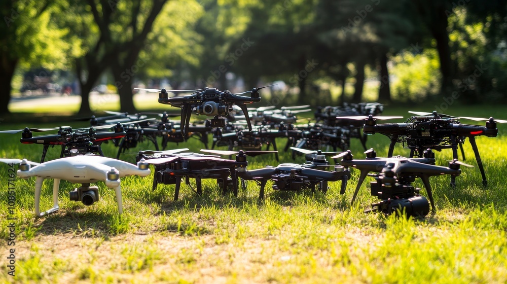 Poster neatly arranged drone flying gear in an open park, drones and controllers placed ready for flight, m
