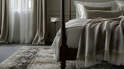 Closeup of a Bed with a Fringed Blanket and a Patterned Rug - Realistic Image