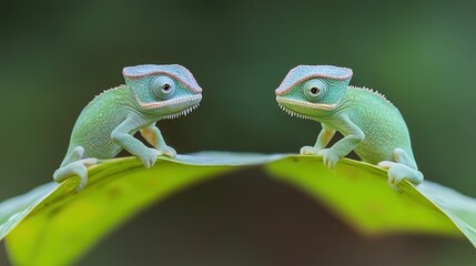 Fototapeta premium Two green lizards perched on leaves, showcasing nature's vibrant colors and details.