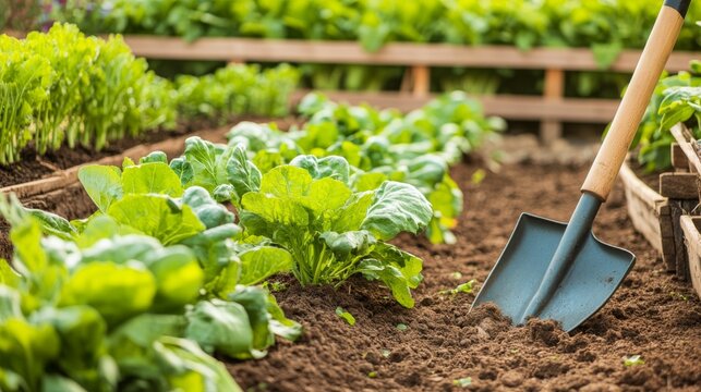 Neatly arranged gardening tools in a lush, well-tended vegetable garden, shovels and hoes placed beside rows of leafy greens