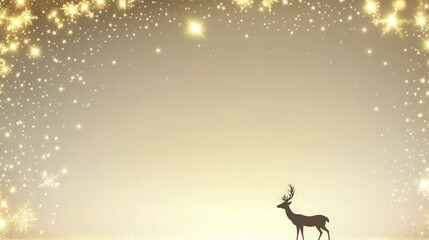 Fototapeta premium A modern Christmas background with golden glittering stars and a small deer silhouette standing gracefully at the bottom corner. The border glows softly with tiny lights.