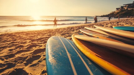 Neatly arranged surfboards on a sunlit beach, surfboards and wetsuits carefully placed in a row, Beachside surfing style