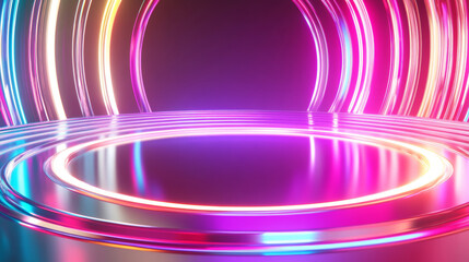 Fototapeta premium 3D render abstract neon light empty circular podium stage arch technology virtual reality mockup background. cyberpunk futuristic fashion line and curve geometric colorful rainbow glow arch wallpaper 