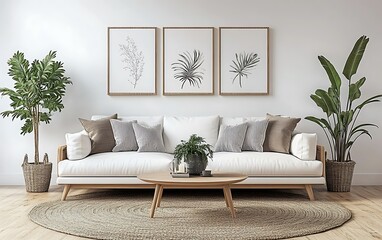 Modern living room with plants and framed botanical art.