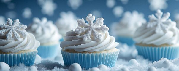 Capture a close up of cupcakes topped with marshmallow frosting shaped like snowflakes