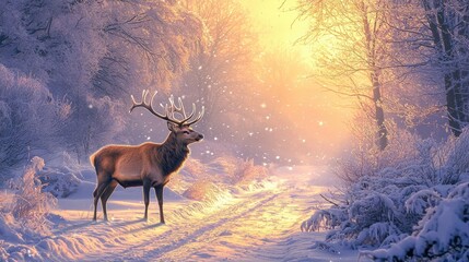 Majestic deer standing in snowy winter landscape nature photography tranquil environment sunrise glow wildlife scene