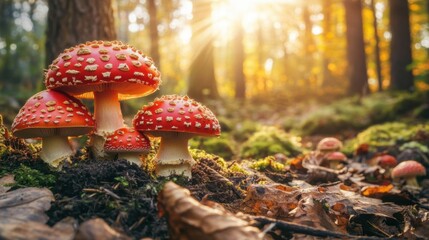 Dreamlike forest floor, mushrooms, sunlight streaming through trees, open area for text