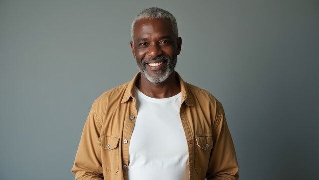 An older black afro man with gray hair and a beard stands confidently, wearing a tan shirt over a white t-shirt. His smile radiates warmth and positivity in a neutral gray environment