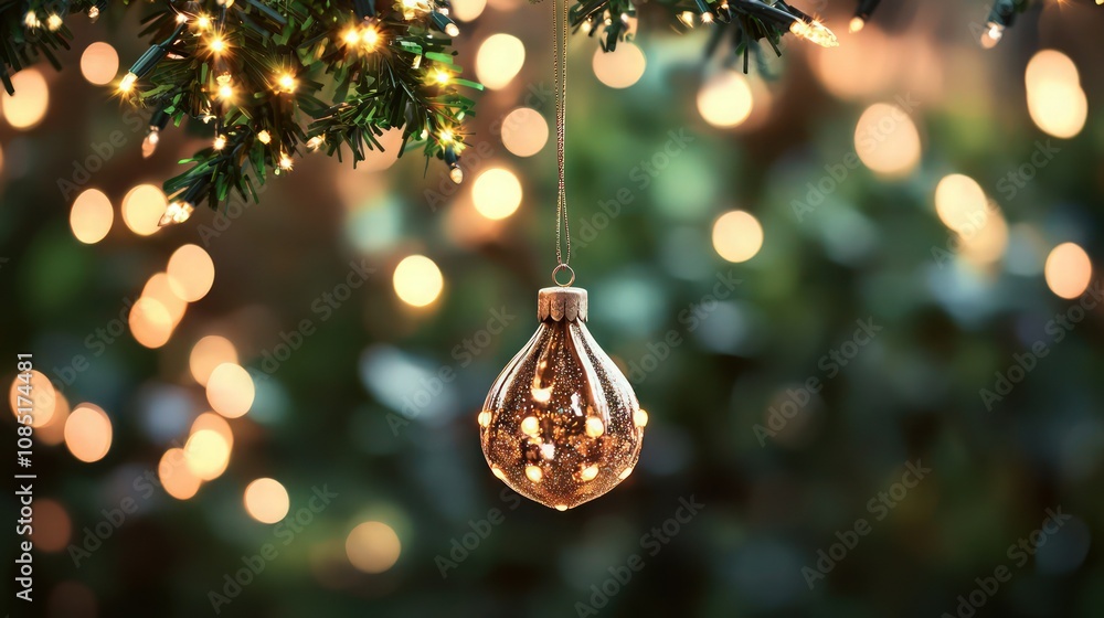 Poster a single elegant ornament hangs in the middle, with a festive bokeh background created by glowing li