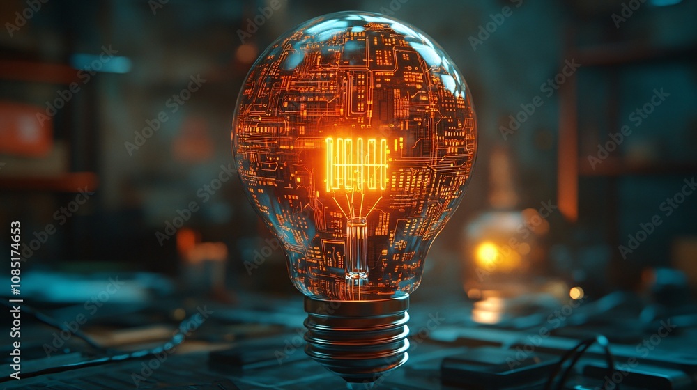 Aufkleber a glowing light bulb with intricate circuit patterns, symbolizing innovation and technology in a dim
