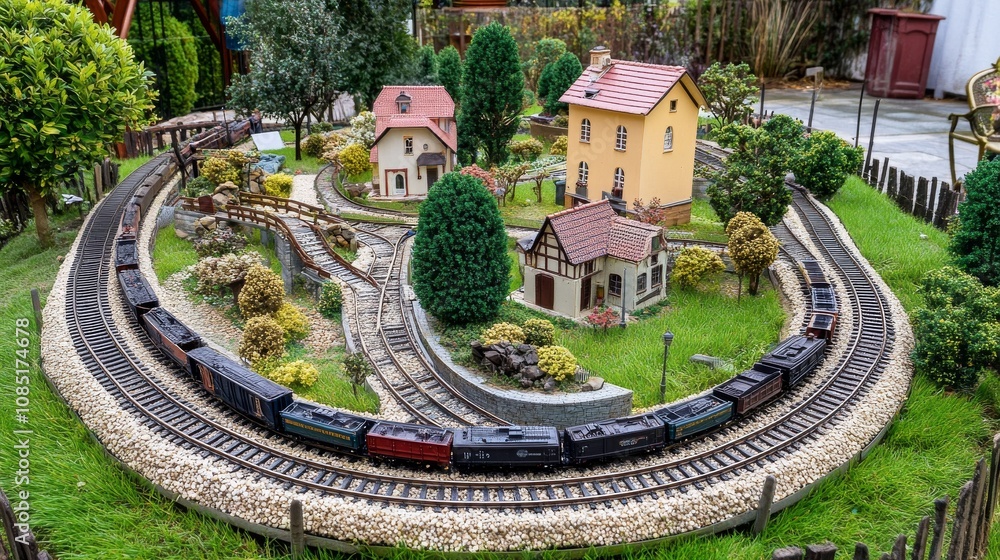 Poster neatly placed model train set in a quiet backyard, train tracks and model buildings carefully arrang
