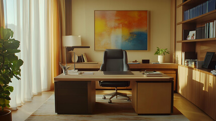 Modern Home Office Interior Design with Abstract Painting Illustration