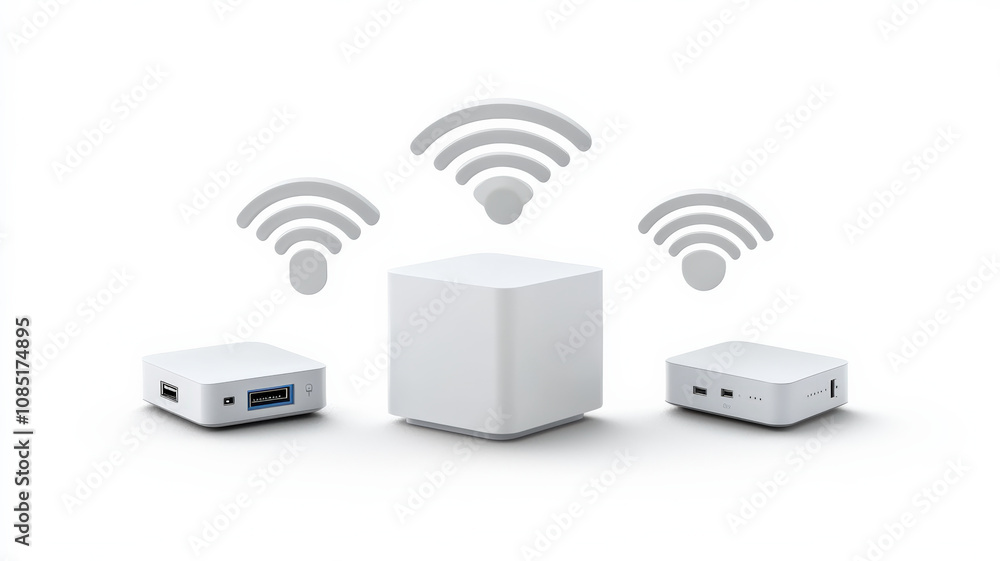 Poster three compact wireless devices with signal waves, designed for connectivity and network enhancement.