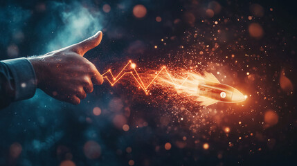 A hand gestures a thumbs up, propelling a flaming rocket forward along a bright, upward trending line graph