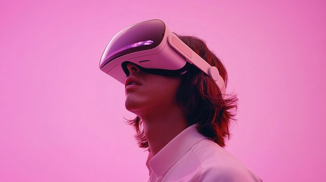 A person wearing a VR headset against a pink background, immersed in virtual reality.
