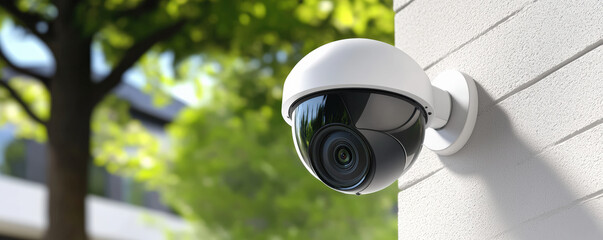 A modern security camera mounted on a wall, surrounded by greenery, highlighting outdoor surveillance technology.