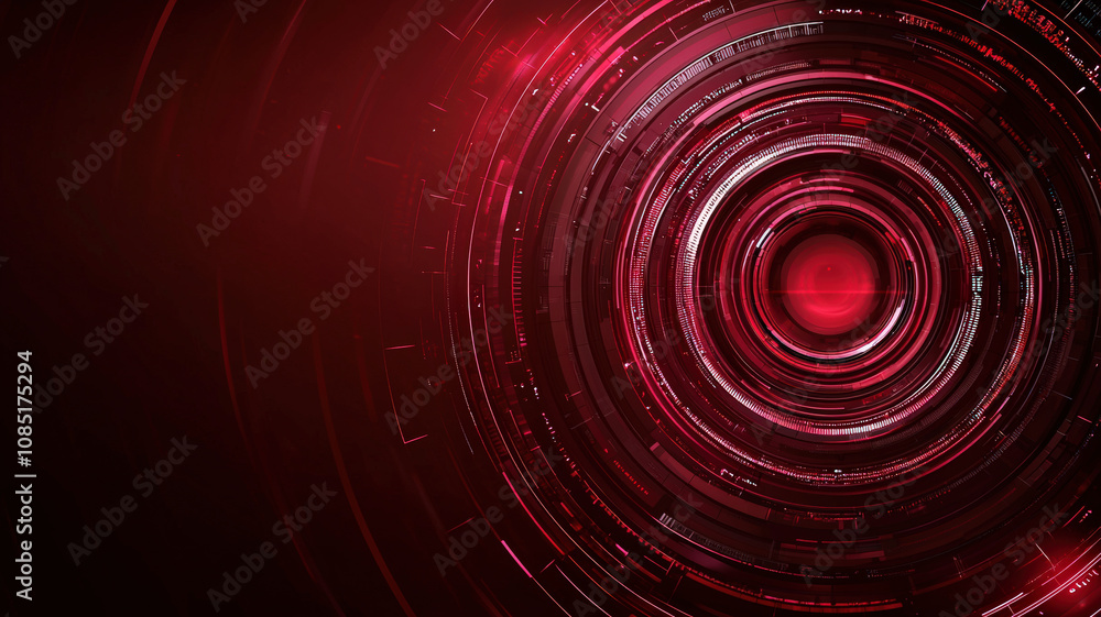Poster a vibrant, circular abstract design in shades of red, featuring concentric lines and a central glowi