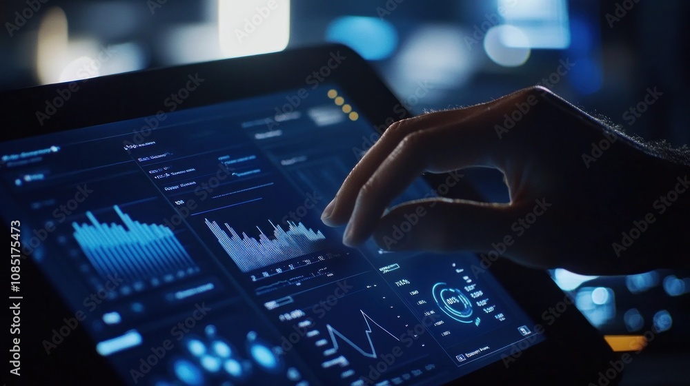Poster a hand interacts with a digital tablet displaying data analytics and graphs.