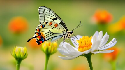 A butterfly landing on a sunflower