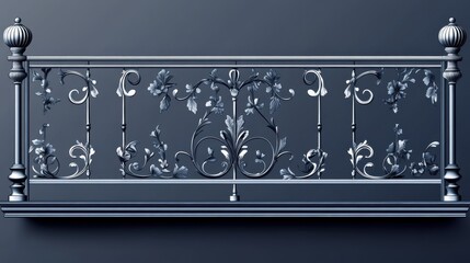 Elaborate iron railing on a realistic balcony, detailed floral designs, blank background for copy