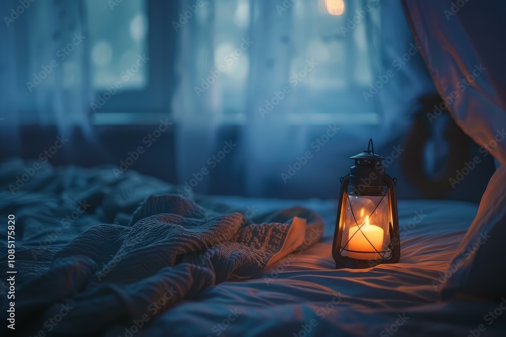 Poster old lantern is illuminating a bed in a dark room with a window in the background