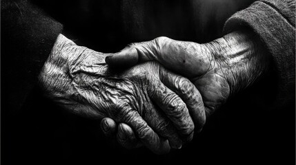 Fototapeta premium Elderly couple holding hands, with deep facial lines showing the beauty of age and shared life