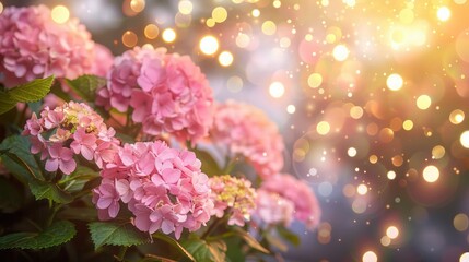 Fototapeta premium Close-up of lush pink hydrangea clusters bathed in warm, glowing sunlight with brilliant circular bokeh highlights, ideal for advertising spring freshness.
