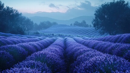 A serene lavender field at dusk with gradient glowing waves weaving through the rows of flowers. The surreal light enhances the calming beauty of the landscape 