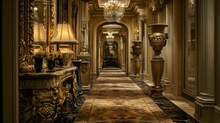 Obraz premium Elegant Ornate Hallway Interior Design with Gold Accents - Realistic Photo