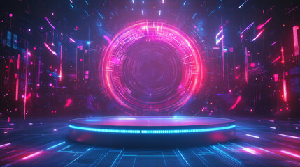 Obraz premium 3D futuristic animated stage live streaming broadcast music microphone room illustration holographic purple blue background. dynamic curve fashion cyberpunk display glossy game wallpaper