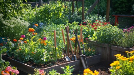 Orderly gardening tools set in a sunny backyard garden, spades and rakes placed neatly among the flower beds, Rustic gardening style