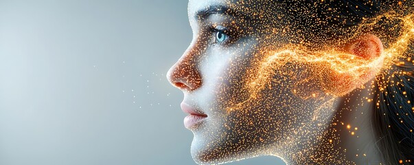 The female face is beautifully formed by thousands of glowing particles, gently outlining her features with an ethereal and mesmerizing effect