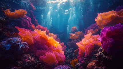 Gradient glowing waves ripple through a vibrant coral reef teeming with marine life. The surreal lighting adds depth and motion to the underwater ecosystem 