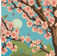 空と月と桜 - 幻想的な春の風景イラスト 