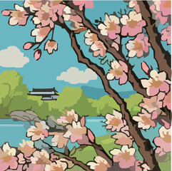 桜と新緑の公園の風景 - 池のある日本庭園風イラスト 