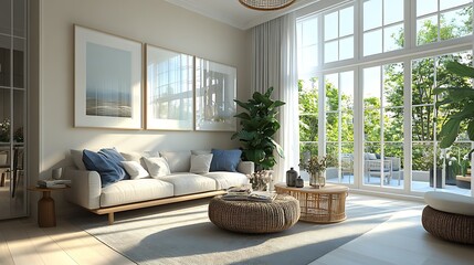 Bright and airy living room with modern decor and greenery.
