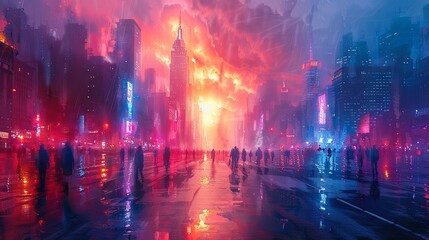 Fototapeta premium Busy downtown scene with neon lights and nightlife activity