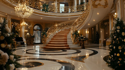 Grand Staircase with Ornate Railing and Festive Decor - Interior Design