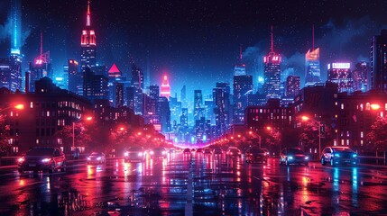 Obraz premium Busy downtown scene with neon lights and nightlife activity