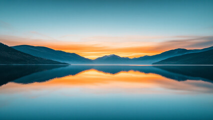 sunset over lake reflecting mountains and sky