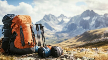 Perfectly organized hiking gear at the start of a mountain trail, backpacks and trekking poles set up meticulously, Adventure hiking style
