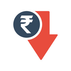 Obraz premium rupee coin with red down arrow, indian economic falling indicator, stock exchange market negative trend, decreased income pictogram