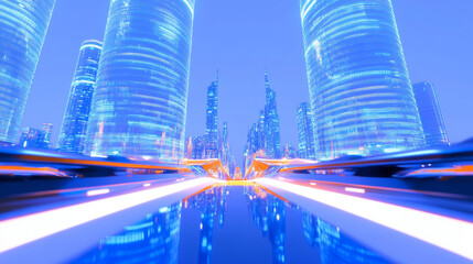 Fototapeta premium 3D futuristic cityscape skyscrapers with neon lights and holographic road blue background. glossy glass texture reflection technology urban landscape wallpaper