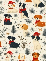 A collection of dogs wearing red hats and scarves