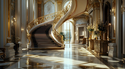 Golden Spiral Staircase Interior Design - 3D Illustration