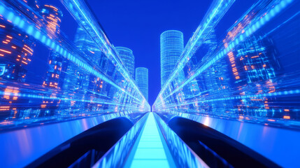 Fototapeta premium 3D futuristic cityscape skyscrapers with neon lights and holographic road blue background. glossy glass texture reflection technology urban landscape wallpaper