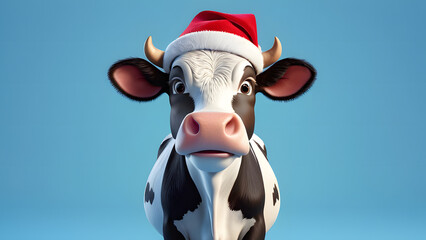 cow wearing a Santa hat and smiling at the camera, season greetings card