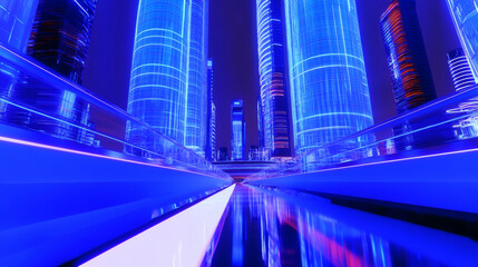 3D futuristic cityscape skyscrapers with neon lights and holographic road blue background. glossy glass texture reflection technology urban landscape wallpaper